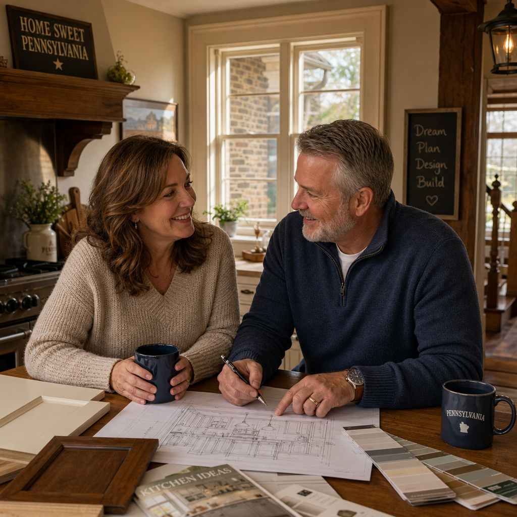 Happy couple discussing remodeling plans in their bloomsburg kitchen, highlighting traditional pa architecture.